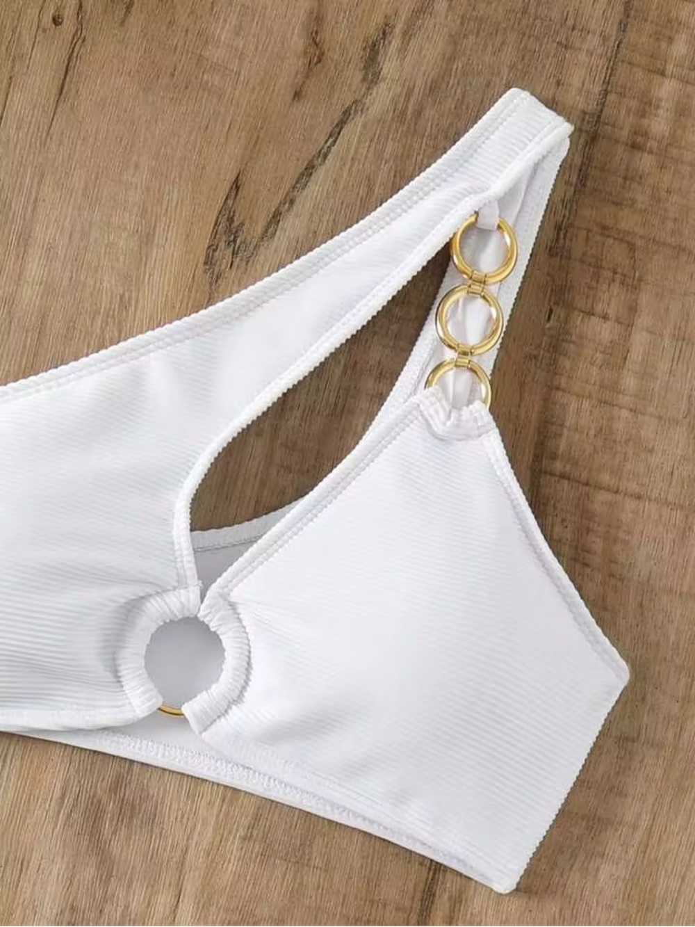 White One-Shoulder Asymmetric Bikini with Gold Ring Accents - Picture 9 of 11